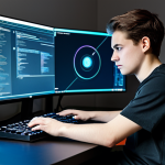A focused young adult gamer, gender-neutral, sitting comfortably in a modern, ergonomic chair at a clean gaming desk. They are wearing a modest, dark t-shirt and casual trousers, fully clothed. Their hands are resting on a high-tech keyboard and mouse, eyes intently fixed on a large, high-resolution monitor displaying abstract digital elements suggestive of game settings or optimization code. The background features a clean, minimalist gaming room with soft, ambient lighting. The overall scene conveys concentration and a professional approach to system optimization. This is a safe for work, appropriate content, family-friendly image. Perfect anatomy, correct proportions, natural pose, well-formed hands, proper finger count, natural body proportions.