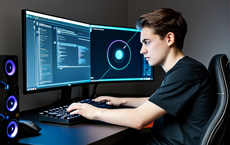 A focused young adult gamer, gender-neutral, sitting comfortably in a modern, ergonomic chair at a clean gaming desk. They are wearing a modest, dark t-shirt and casual trousers, fully clothed. Their hands are resting on a high-tech keyboard and mouse, eyes intently fixed on a large, high-resolution monitor displaying abstract digital elements suggestive of game settings or optimization code. The background features a clean, minimalist gaming room with soft, ambient lighting. The overall scene conveys concentration and a professional approach to system optimization. This is a safe for work, appropriate content, family-friendly image. Perfect anatomy, correct proportions, natural pose, well-formed hands, proper finger count, natural body proportions.