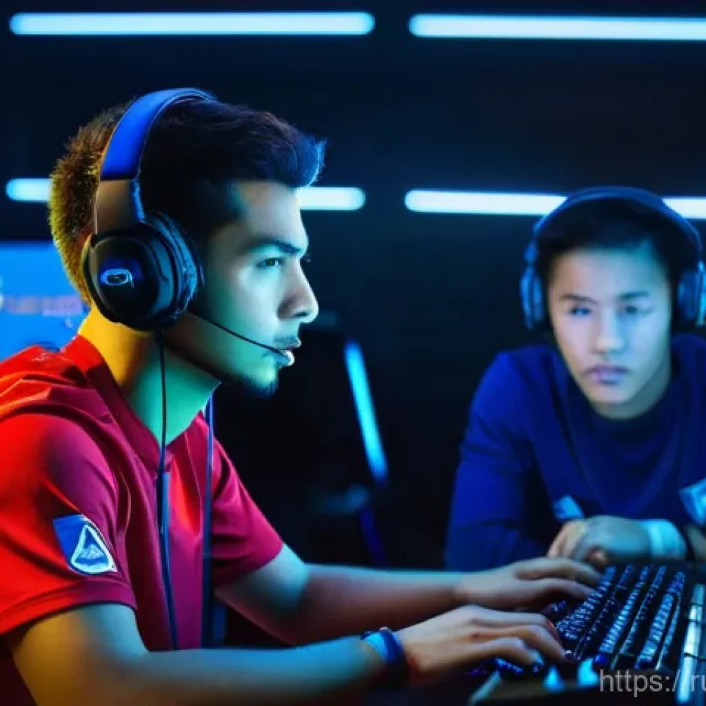 도타2 리그 시스템 - **Prompt:** A group of three young, diverse esports players (two males, one female, all in their ear...