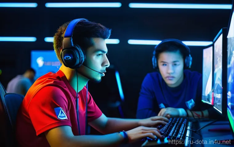 도타2 리그 시스템 - **Prompt:** A group of three young, diverse esports players (two males, one female, all in their ear...