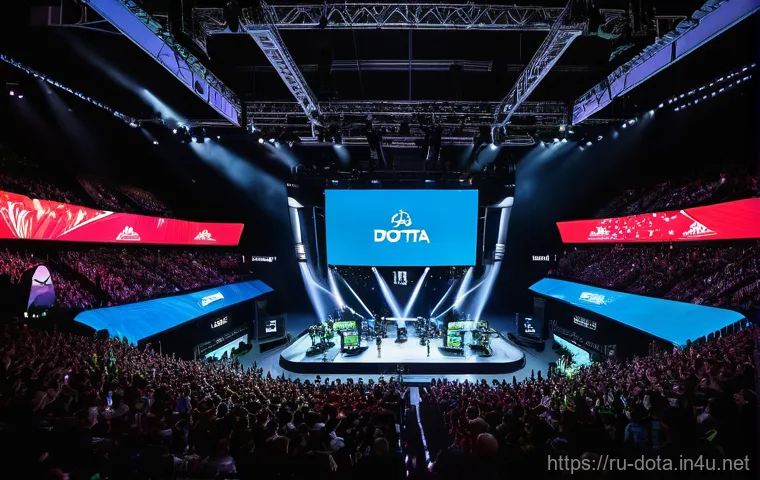 도타2 리그 시스템 - **Prompt:** A group of three young, diverse esports players (two males, one female, all in their ear...