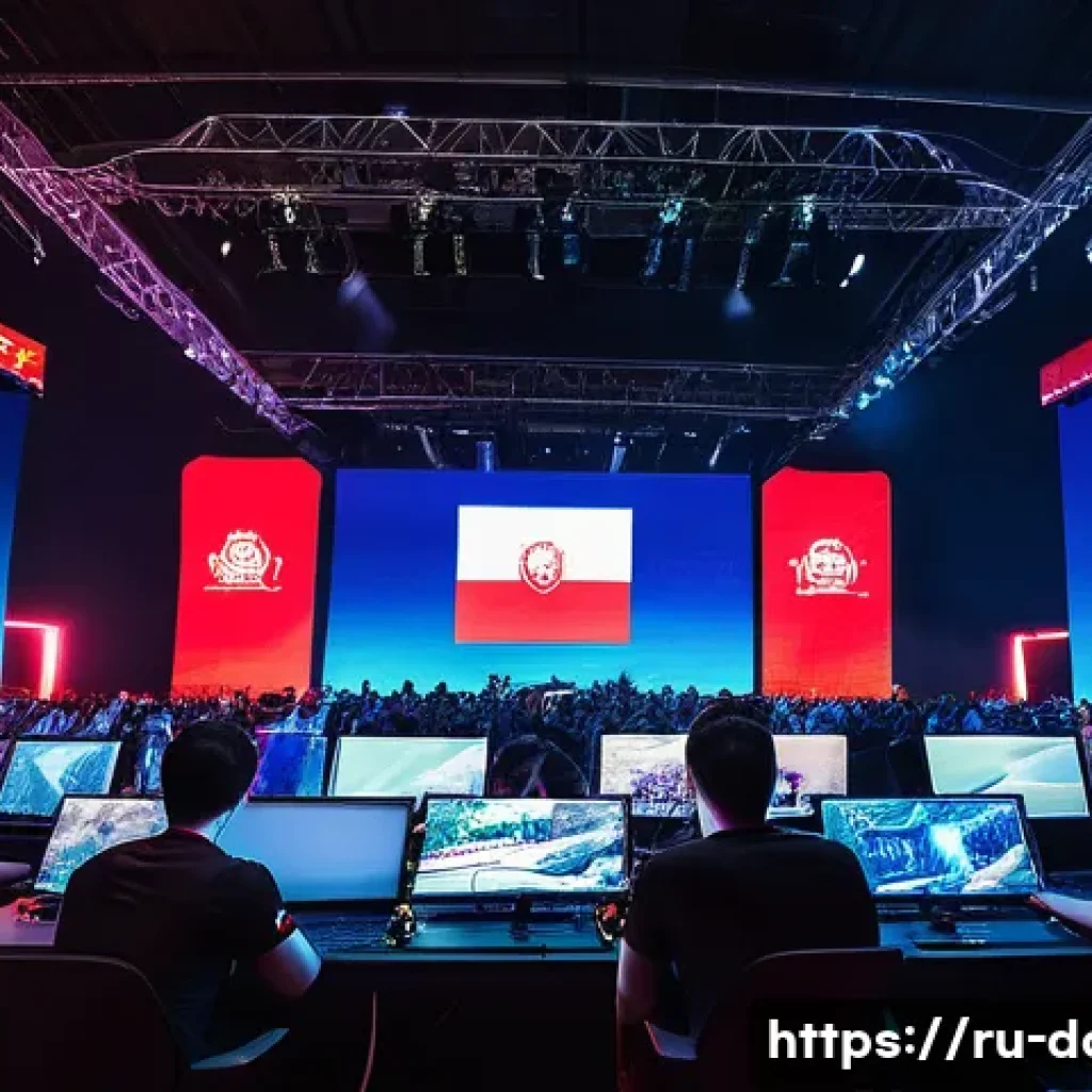 도타2 이스포츠 대회 일정 - A vibrant esports arena filled with enthusiastic Russian Dota 2 fans waving flags and cheering durin...