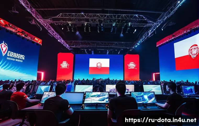 도타2 이스포츠 대회 일정 - A vibrant esports arena filled with enthusiastic Russian Dota 2 fans waving flags and cheering durin...