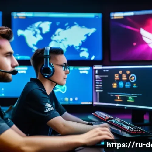 도타2 매치메이킹 알고리즘 - A dynamic esports scene showing a diverse team of five players in a modern gaming arena, each player...