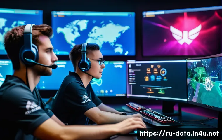 도타2 매치메이킹 알고리즘 - A dynamic esports scene showing a diverse team of five players in a modern gaming arena, each player...