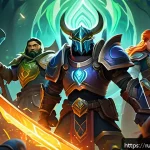 도타2 팀 랭크 전략 - A dynamic and detailed scene of a Dota 2 team in the middle of a strategic team fight: five diverse ...