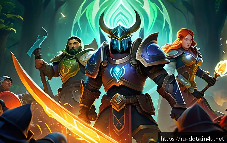 도타2 팀 랭크 전략 - A dynamic and detailed scene of a Dota 2 team in the middle of a strategic team fight: five diverse ...