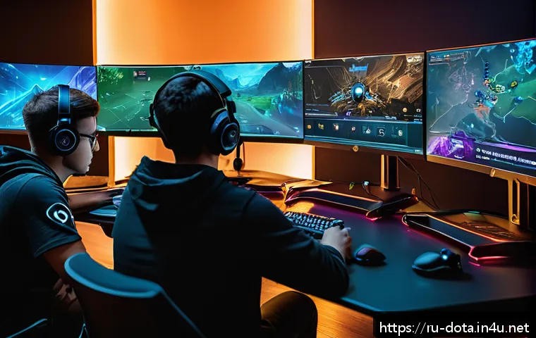 도타2 튜토리얼 업데이트 - A dynamic esports training scene featuring a diverse group of young adult players gathered around hi...