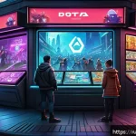도타2 아이템 가치 평가 - A highly detailed digital artwork of a futuristic Dota 2 marketplace scene set in a bustling Russian...