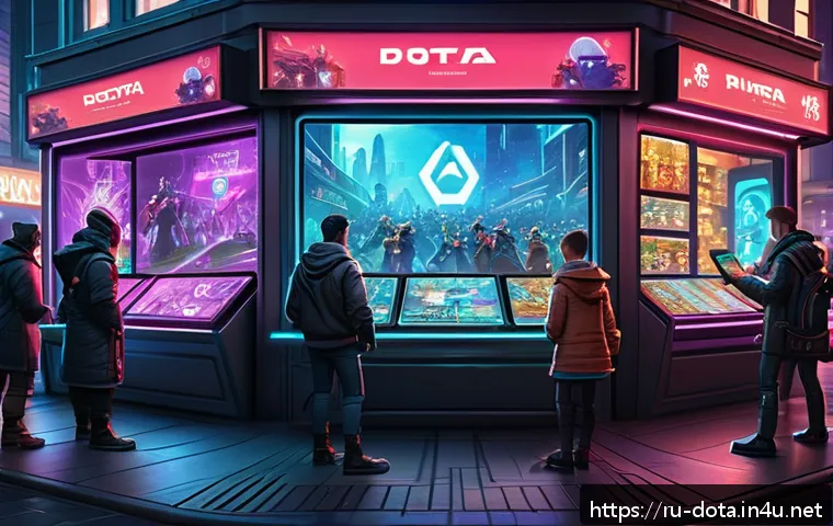 도타2 아이템 가치 평가 - A highly detailed digital artwork of a futuristic Dota 2 marketplace scene set in a bustling Russian...