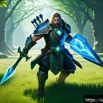 도타2 레벨링 팁 - A dynamic fantasy battle scene on a mid lane in a MOBA game, featuring a skilled ranged hero with gl...