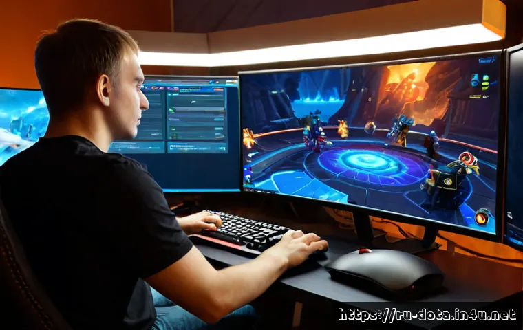 Home 17 도타2 게임 모드 공략 - Photorealistic cinematic home gaming scene for a multiplayer strategy game mode guide, a focused Rus...