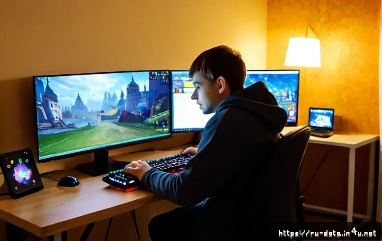Home 17 도타2 창작마당 사용법 - Photorealistic Russian young adult gamer using a desktop computer in a cozy Moscow apartment, monito...